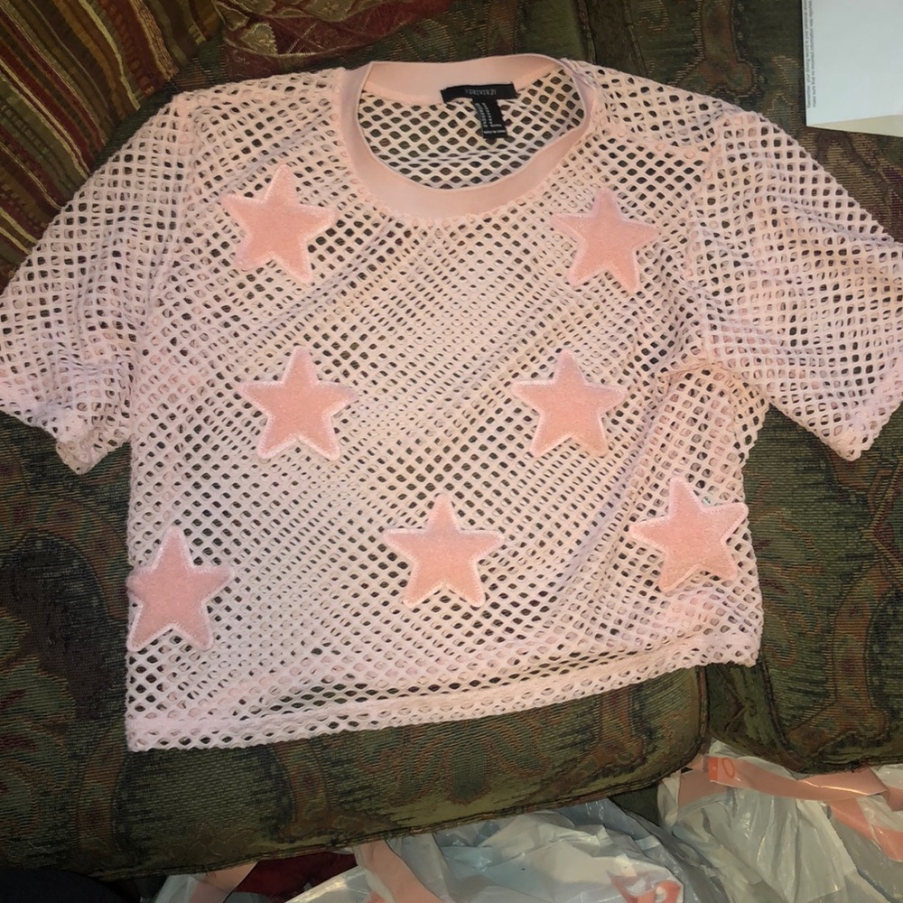 Pink mesh star crop top